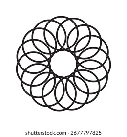 Elegante padrão circular abstrato com redemoinhos caligráficos formando um desenho de roseta geométrica ou mandala isolado no branco