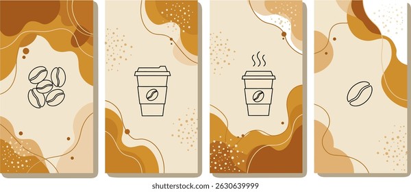 Conjunto de ilustração de café abstrato elegante com copos de café minimalista e grãos em tons de bege quente e caramelo