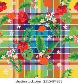 Elegant abstract colorful beach summer tropical big leaves hibiscus floral flowers illustration background seamless pattern repeat print textile fabric vector artwork