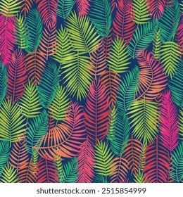 Elegant abstract colorful beach summer tropical colorful vibrant fluorescent colors leaves illustration background seamless pattern repeat print textile fabric vector artwork