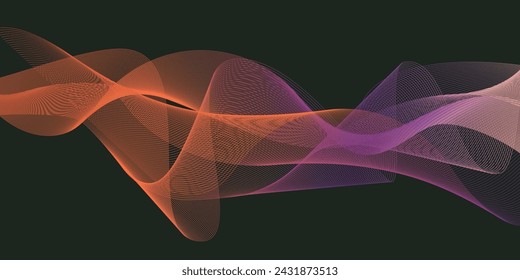 Elegant abstract colorful flowing wave lines isolated on black background. Apricot and violet colors gradient minimalistic backdrop. Design element, modern concept. Simple vector template design