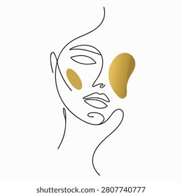 An elegant abstract continuous one line drawing of a woman's face, beautifully complemented by minimalist golden organic shapes on a clean white background. This sophisticated female portrait showcases artistic simplicity and modern aesthetics through flowing vector lines. The minimalist linear style highlights the facial features subtly, blending contemporary fine art with commercial design appeal. It is an ideal asset for creative projects including luxury fashion branding, beauty parlor identity, skin care or cosmetics packaging design, chic wall art prints, editorial layouts, and social media graphics. This high-quality vector illustration embodies femininity, grace, and modern minimalism, making it perfect for both digital and print media applications.