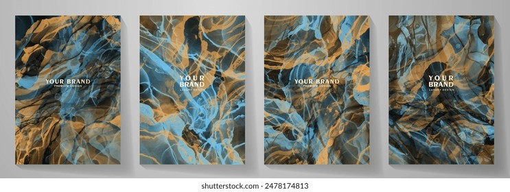 Elegant abstract cover design set with blue and gold luxury hand drawn background for cover design, invitation, poster, flyer, wedding card, luxe invite, prestigious voucher, catalog, brochure.