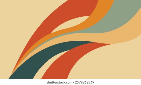 Elegant abstract curves in retro earth tones sweep across minimalist composition. Warm orange and muted green create flowing lines against peachy backdrop, evoking 1970s design aesthetic.
