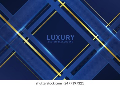 Elegante fondo abstracto de forma diagonal geométrica de degradado azul oscuro con líneas doradas brillantes. Bandas dinámicas modernas. Estilo de lujo