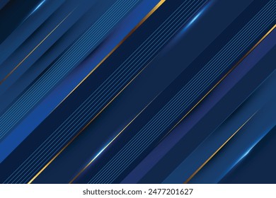 Elegante fondo abstracto de forma diagonal geométrica de degradado azul oscuro con líneas doradas brillantes. Bandas dinámicas modernas. Estilo de lujo