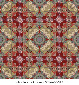 Elegant abstract decoration, seamless pattern for design template vector eastern style pattern. Ornamental mandalas illustration in green, red and brown colors.