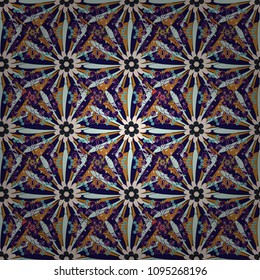 Elegant abstract decoration, seamless pattern for design template vector eastern style pattern. Ornamental mandalas illustration in blue, gray and orange colors.
