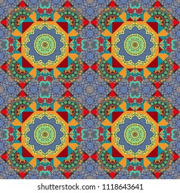 Elegant abstract decoration, seamless pattern for design template vector eastern style pattern. Ornamental mandalas illustration in yellow, brown and blue colors.