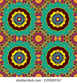 Elegant abstract decoration, seamless pattern for design template vector eastern style pattern. Ornamental mandalas illustration in red, yellow and green colors.