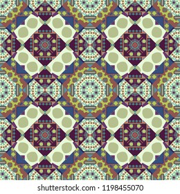Elegant abstract decoration, seamless pattern for design template vector eastern style pattern. Ornamental mandalas illustration in beige, purple and green colors.