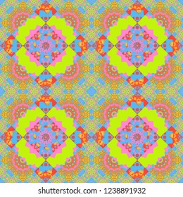 Elegant abstract decoration, seamless pattern for design template vector eastern style pattern. Ornamental mandalas illustration in green, blue and pink colors.