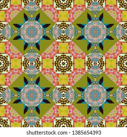 Elegant abstract decoration, seamless pattern for design template vector eastern style pattern. Ornamental mandalas illustration in orange, green and blue colors.