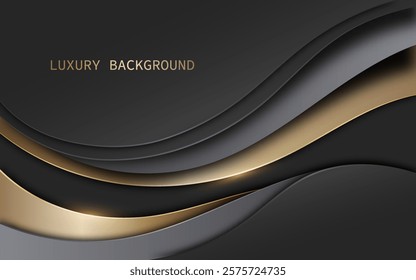 Elegant abstract design with curved layers in shades of black, gray, and gold overlapping. Luxury style background.Vector illustration