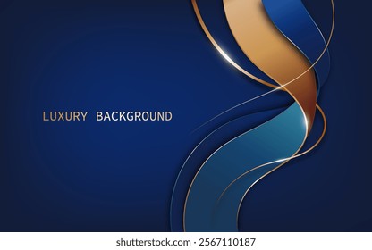 Elegant abstract design with a deep navy-blue background. Flowing curved lines in shades of blue, gold, and copper create a sense of movement and sophistication. luxury style. Vector illustration