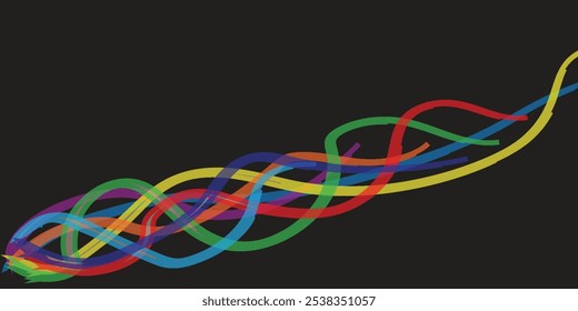 Elegant abstract design features smooth wavy monochrome colorful lines intertwined on a black background