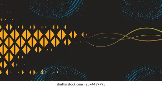 elegant abstract design features smooth wavy monochrome colorful lines intertwined on a black background as well as an elegant sprinkling of spots and triangles
