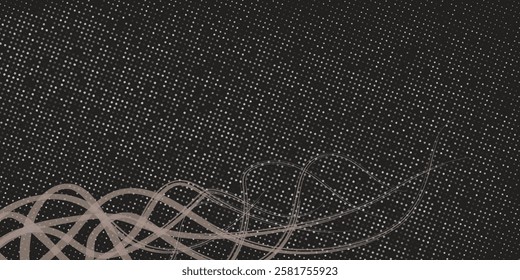 Elegant abstract design features smooth wavy monochrome gray lines intertwined on a black background sprinkled with white dots