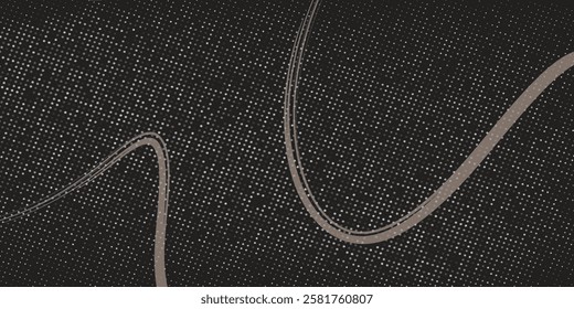 Elegant abstract design features smooth wavy monochrome gray lines intertwined on a black background sprinkled with white dots