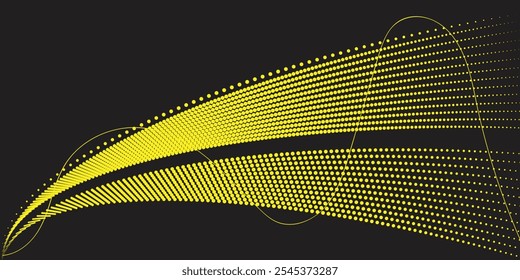 Das elegante abstrakte Design verfügt über sanft gewellte monochrome gelbe Linien und Punkte, die auf schwarzem Hintergrund verwoben sind

