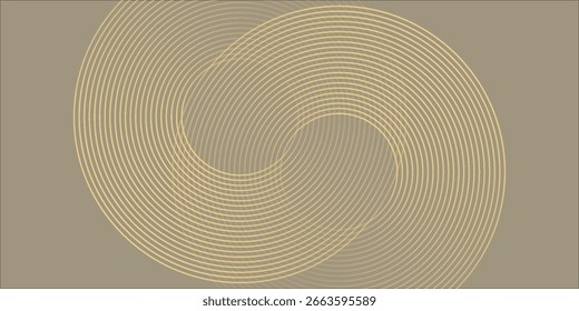Elegante diseño abstracto con líneas circulares amarillas entrelazadas sobre un fondo beige apagado. Las curvas concéntricas crean una sensación armoniosa de flujo y simetría