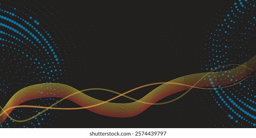 Elegant abstract design featuring smooth wavy monochrome colorful lines intertwined on a black background as well as an elegant sprinkling of polka dots