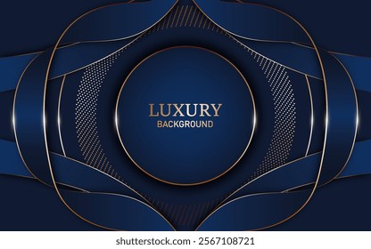 Elegant abstract design with a navy blue background. The centerpiece is a circular element, surrounded by overlapping ribbons and curved patterns in dark blue tones with gold accents