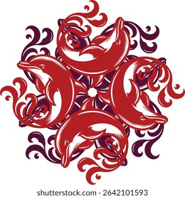 An elegant abstract digital art piece featuring a symmetrical circular mandala with red dolphins and intricate purple ornamental swirls on a white background, 