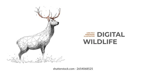 Elegant Abstract Digital Red Deer Are Standing in Abstract Grace. Isolated Deer in Thin Lines and Connected Dots Low Poly Wireframe Style. Vector Wildlife Illustration. Technology and Ecology concept.