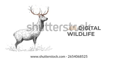 Elegant Abstract Digital Red Deer Are Standing in Abstract Grace. Isolated Deer in Thin Lines and Connected Dots Low Poly Wireframe Style. Vector Wildlife Illustration. Technology and Ecology concept.