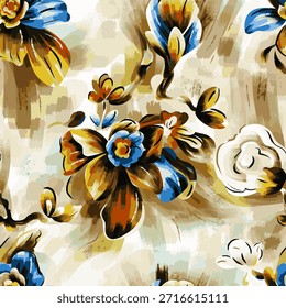 Elegante patrón floral abstracto con flores azules, doradas y blancas sobre un fondo texturizado. Ideal para tela, Fondo de pantalla, embalaje, marca y diseño decorativo moderno.