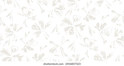 Elegant abstract floral seamless pattern - flowers. Repeating print with delicate petals and leaves. Simple minimalism. Solid beige color.
