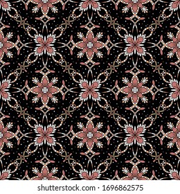 elegant abstract flowers and leaves. white lines and pastel brown flowers on black. symmetrical textile design