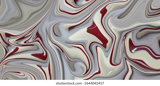 Elegant abstract fluid swirl in tones of gray, cream, and red. Smooth, modern marbled pattern ideal for design, texture, or digital backgrounds.