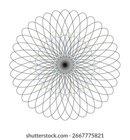 An elegant abstract geometric pattern resembling a rosette, featuring intricate layers of black, grey, blue, and purple lines on a clean white background.