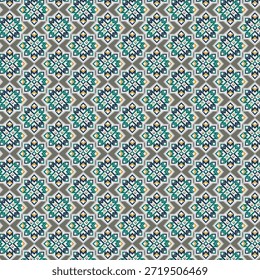 Elegantes abstraktes geometrisches nahtloses Muster mit ethnischen Ornamenten in Teal-, Marine- und Goldakzenten. Perfekt für islamische Feiertage, Ramadan-Hintergründe, Stoffdrucke, Tapeten und Luxusmarken