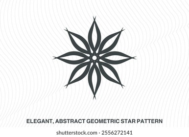 Elegant, abstract geometric star patterns in black and white. Symmetrical mandala-like designs with radiating, pointed elements. Intricate, minimal, and visually striking vector graphic