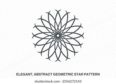 Elegant, abstract geometric star patterns in black and white. Symmetrical mandala-like designs with radiating, pointed elements. Intricate, minimal, and visually striking vector graphic