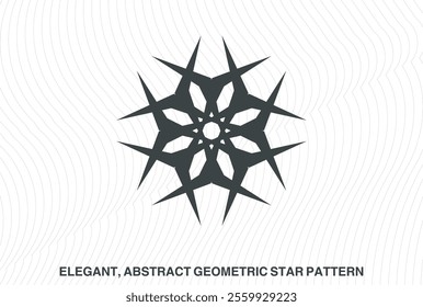 Elegant, abstract geometric star patterns in black and white. Symmetrical mandala-like designs with radiating, pointed elements. Intricate, minimal, and visually striking vector graphic