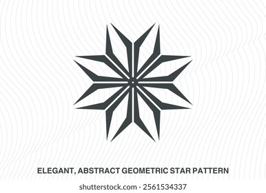 Elegant, abstract geometric star patterns in black and white. Symmetrical mandala-like designs with radiating, pointed elements. Intricate, minimal, and visually striking vector graphic