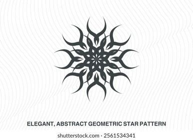 Elegant, abstract geometric star patterns in black and white. Symmetrical mandala-like designs with radiating, pointed elements. Intricate, minimal, and visually striking vector graphic