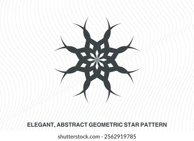 Elegant, abstract geometric star patterns in black and white. Symmetrical mandala-like designs with radiating, pointed elements. Intricate, minimal, and visually striking vector graphic