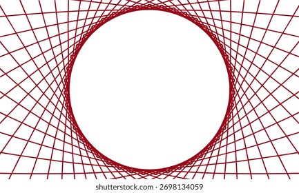 Elegant abstract geometric wireframe in rich red, forming a circular pattern of crisscrossed lines on a pristine white background. 