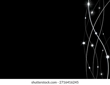 Elegante abstrato brilhante ondas de luz com partículas brilhantes em fundo preto profundo, linhas de energia de luxo futurista e fundo de design de movimento luminoso