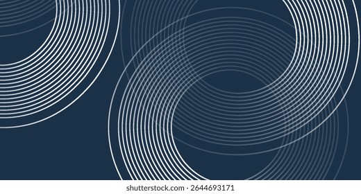 Elegant abstract gold geometric lines on dark blue background. Shining gold circle lines pattern. Modern design element. Luxury style.