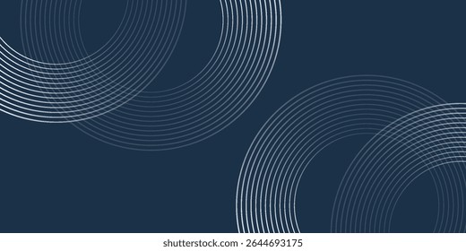 Elegant abstract gold geometric lines on dark blue background. Shining gold circle lines pattern. Modern design element. Luxury style.