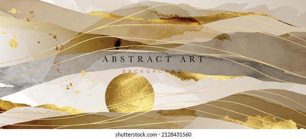 Elegant abstract golden background. Watercolor wallpaper with gold wavy lines and shade, sun and line art. Luxury with gold curve line design for banner, covers, wall art, home decor and invitation.