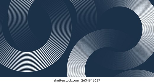 Elegant abstract golden geometric lines on dark blue background. Glowing gold circle lines pattern. Modern design element modern arts background black