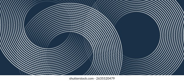 Elegant abstract golden geometric lines on dark blue background. Glowing gold circle lines pattern. Modern design element. Luxury style. Vector illustration