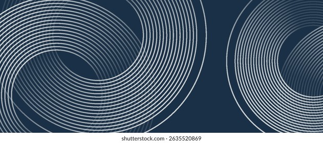 Elegant abstract golden geometric lines on dark blue background. Glowing gold circle lines pattern. Modern design element. Luxury style. Vector illustration